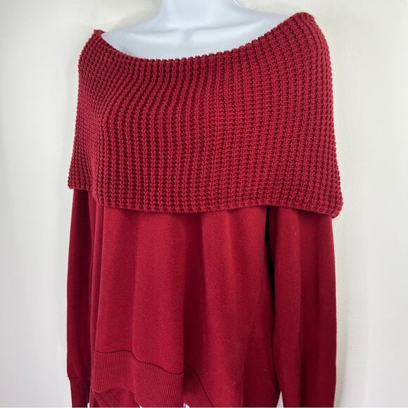 Michael Kors Red‎ Chunky Knit Off The Shoulder Sweater Size 0X High Low Top - Picture 2 of 10